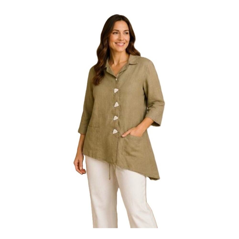 Habitat Linen Top XL Tan Olive Asymmetrical Hem Shell Button Tunic Pockets Artsy